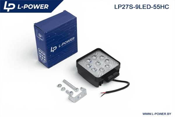 Фара доп. рабочая квадратная, направленный свет, 9 диодов 27W (110х55х140) LED 12/24V L-POWER LP27S-9LED-55HC