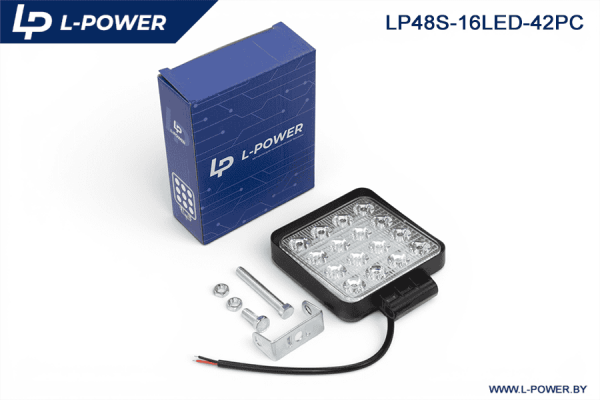 Фара доп. рабочая квадратная, рассеиваемый свет, 16 диодов 48W (110х42х140) LED 12/24V L-POWER LP48S-16LED-42PC
