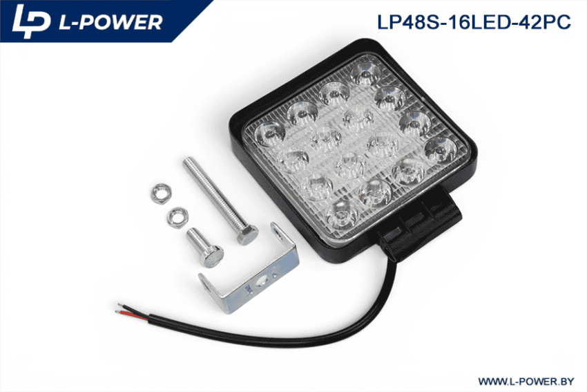 Фара доп. рабочая квадратная, рассеиваемый свет, 16 диодов 48W (110х42х140) LED 12/24V L-POWER LP48S-16LED-42PC