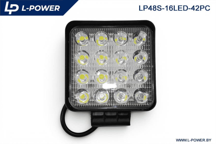 Фара доп. рабочая квадратная, рассеиваемый свет, 16 диодов 48W (110х42х140) LED 12/24V L-POWER LP48S-16LED-42PC