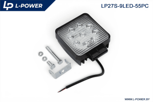 Фара доп. рабочая квадратная, рассеиваемый свет, 9 диодов 27W (110х55х140) LED 12/24V L-POWER LP27S-9LED-55PC