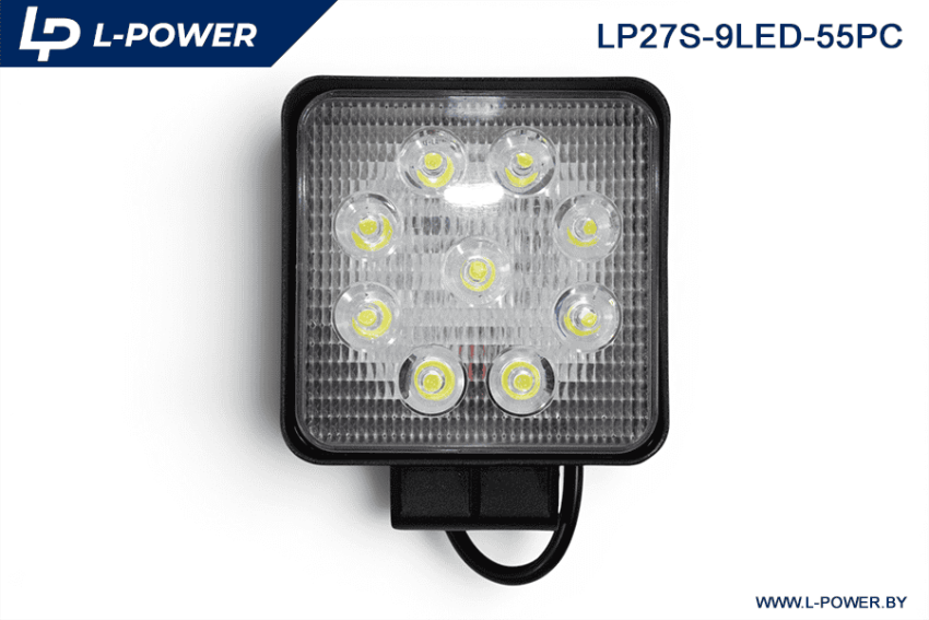 Фара доп. рабочая квадратная, рассеиваемый свет, 9 диодов 27W (110х55х140) LED 12/24V L-POWER LP27S-9LED-55PC