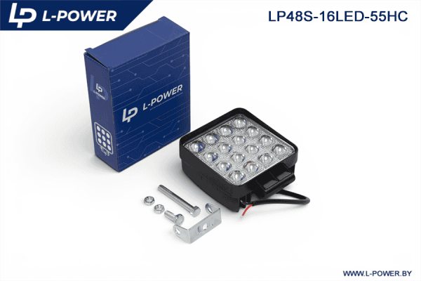 Фара доп. рабочая квадратная, направленный свет, 16 диодов 48W (110х55х140) LED 12/24V L-POWER LP48S-16LED-55HC