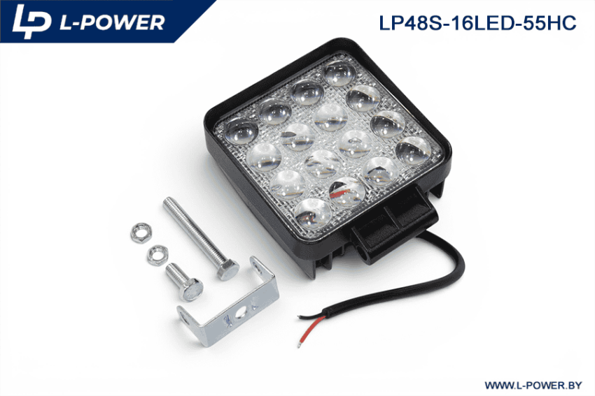 Фара доп. рабочая квадратная, направленный свет, 16 диодов 48W (110х55х140) LED 12/24V L-POWER LP48S-16LED-55HC