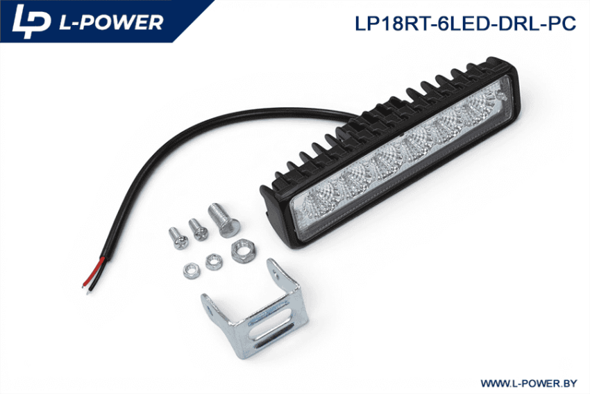 Фара доп. прямоугольная - ДХО, рассеиваемый свет, 6 диодов, 18W, 12/24V LED L-POWER LP18RT-6LED-DRL-PC