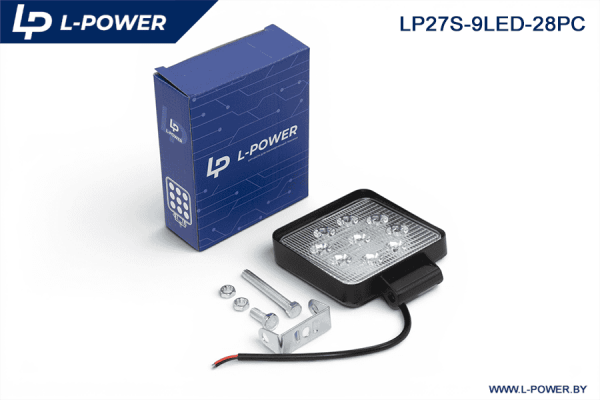 Фара доп. рабочая квадратная, рассеиваемый свет, 9 диодов 27W (110х28х140) LED 12/24V L-POWER LP27S-9LED-28PC