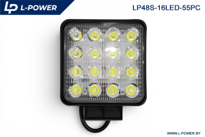 Фара доп. рабочая квадратная, рассеиваемый свет, 16 диодов 48W (110х55х140) LED 12/24V L-POWER LP48S-16LED-55PC