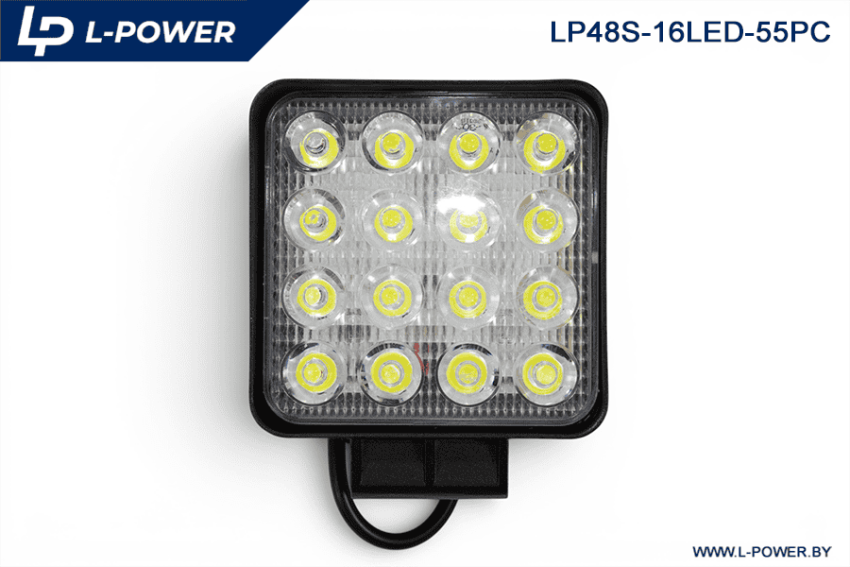 Фара доп. рабочая квадратная, рассеиваемый свет, 16 диодов 48W (110х55х140) LED 12/24V L-POWER LP48S-16LED-55PC
