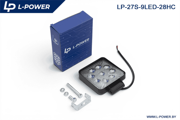 Фара доп. рабочая квадратная, направленный свет, 9 диодов 27W (100х28х140) LED 12/24V L-POWER LP27S-9LED-28HC