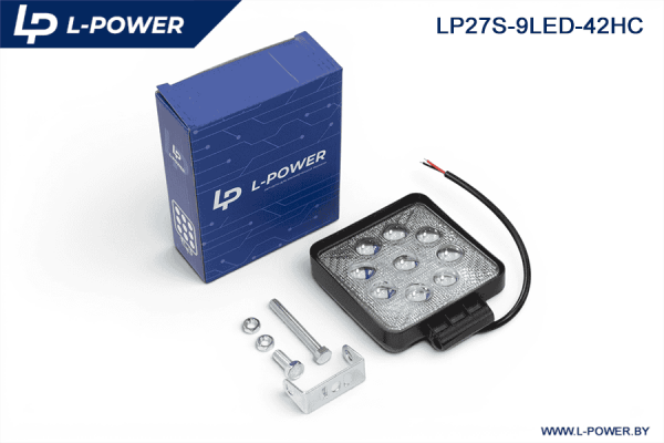 Фара доп. рабочая квадратная, направленный свет, 9 диодов 27W (110х42х140) LED 12/24V L-POWER LP27S-9LED-42HC
