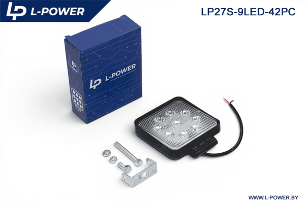 Фара доп. рабочая квадратная, рассеиваемый свет, 9 диодов 27W (110х42х140) LED 12/24V L-POWER LP27S-9LED-42PC